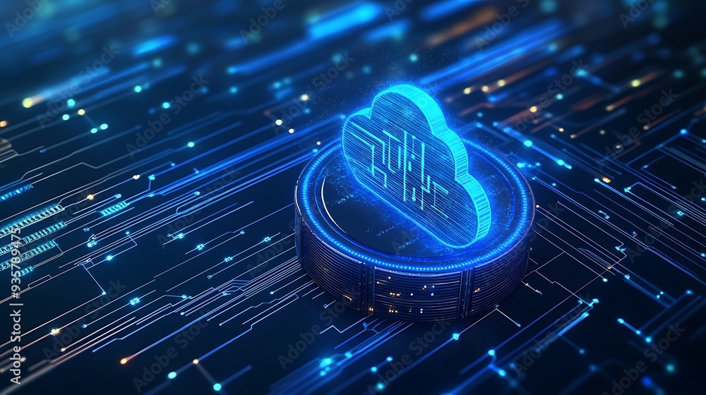 Poster futuristic cloud computing technology concept with digital circuits and data connections in a glowin