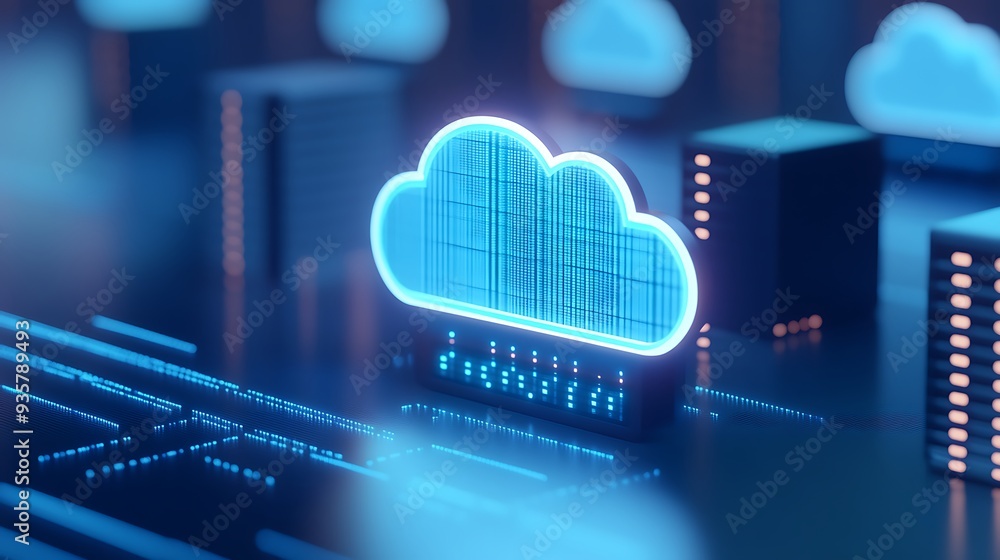 Poster futuristic cloud computing technology concept with digital data storage symbol in a server room. blu