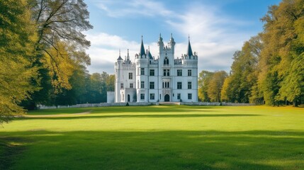 Obraz premium Imposing White Castle Nestled in a Beautifully Landscaped Green Park