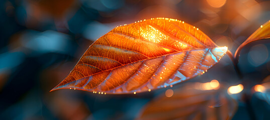 A macro shot of a leaf with a 3D holographic object hovering just above, illuminated by soft sunlight