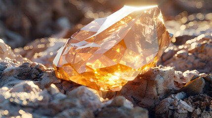 A macro shot of a crystal-clear 3D object resting on a detailed stone surface, under natural light