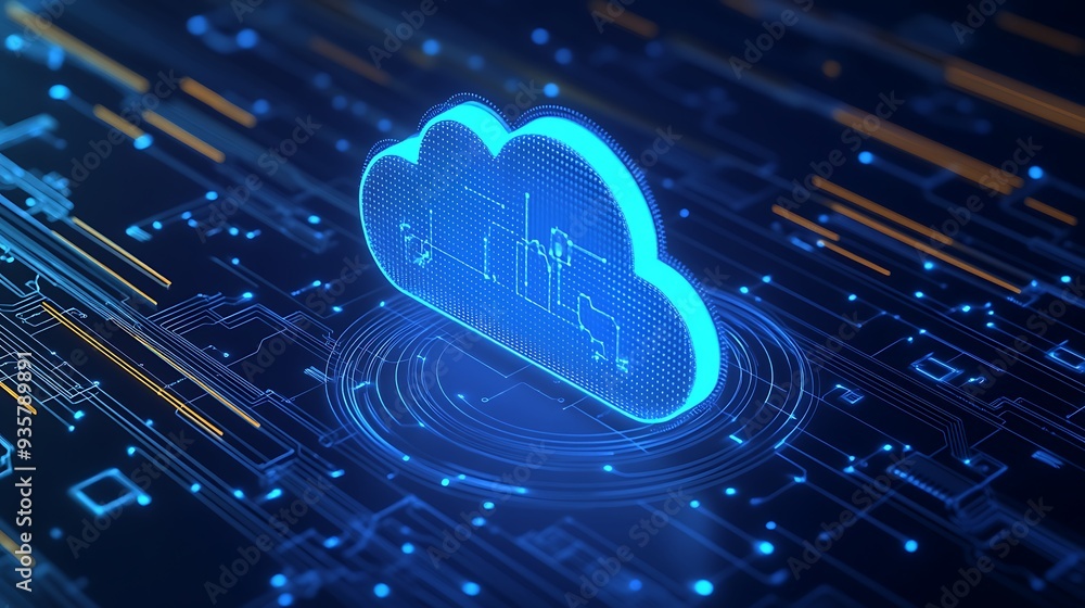 Poster futuristic cloud computing technology concept with glowing blue cloud shape and digital circuit back