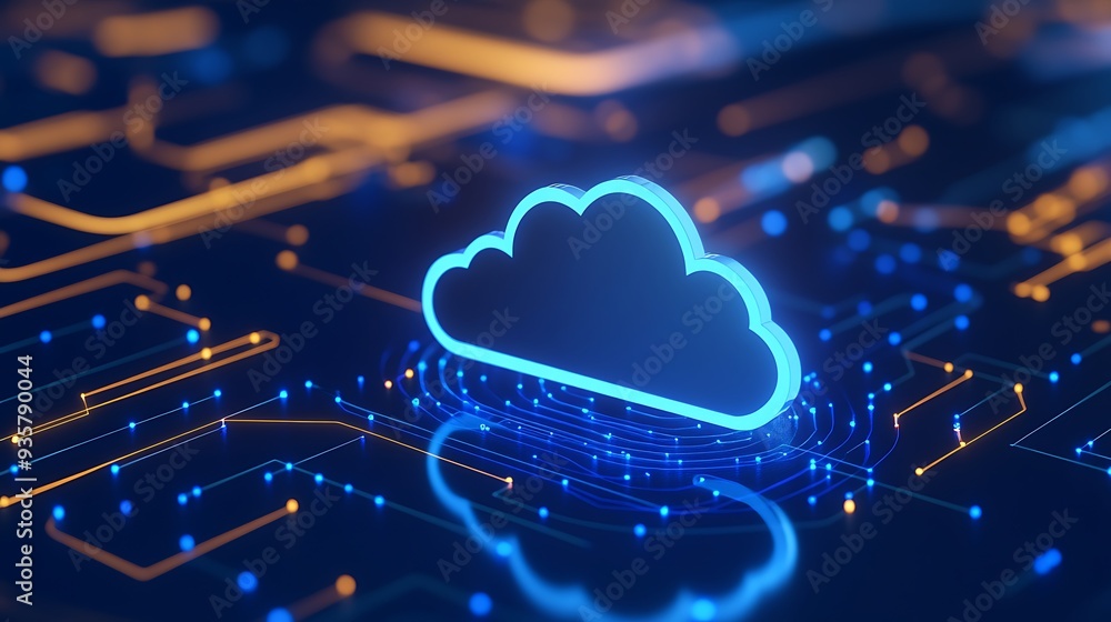 Poster futuristic cloud computing technology concept with glowing neon cloud shape on circuit board depicti