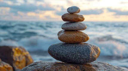 Tranquil Zen Rock Balancing Along the Ocean Shoreline
