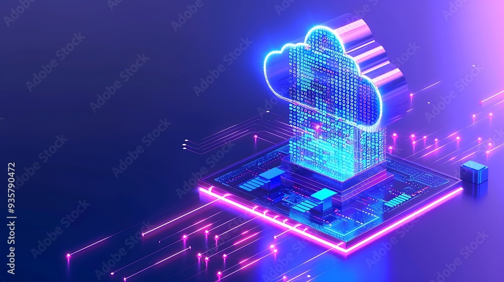 Poster futuristic cloud computing technology, with vibrant neon colors representing digital cybersecurity a
