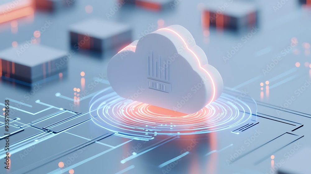 Poster futuristic cloud computing technology with digital connections, representing data storage and intern