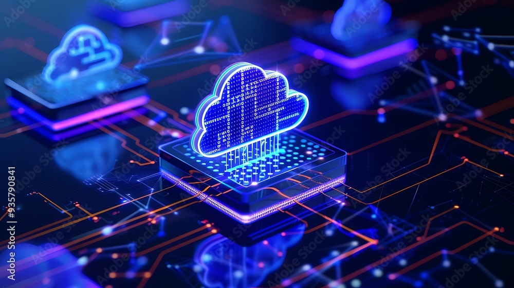 Poster futuristic cloud computing technology with neon lights and circuit board connections, representing d