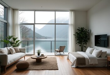 Fototapeta premium Cozy Lake House Retreat: Soft Carpets, Wooden Table, and Big Screen TV