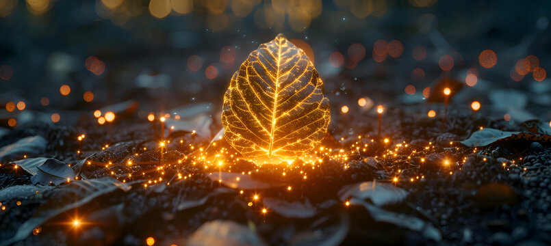 A macro shot of a leaf with a 3D holographic object hovering just above, illuminated by soft sunlight