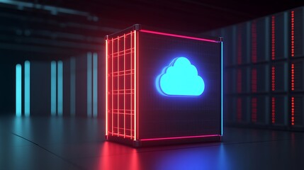 Futuristic cloud server data storage concept with glowing neon lights. High-tech technology for secure and efficient data management.