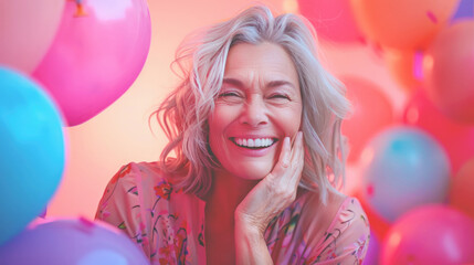 Obraz premium A middle-aged woman smiled widely.
