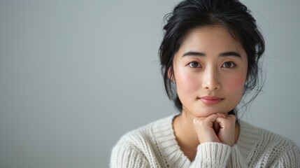 A woman with dark hair and a white sweater is looking at the camera