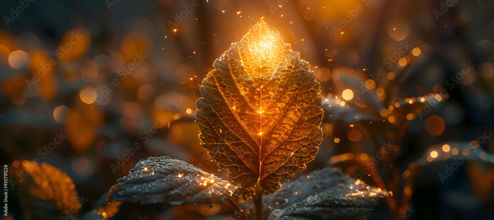 Wall mural a macro shot of a leaf with a 3d holographic object hovering just above, illuminated by soft sunligh