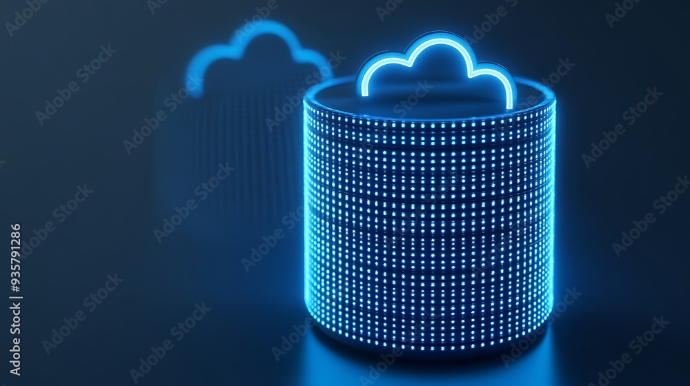Poster futuristic cloud storage concept with digital binary data and glowing cloud icon, representing moder
