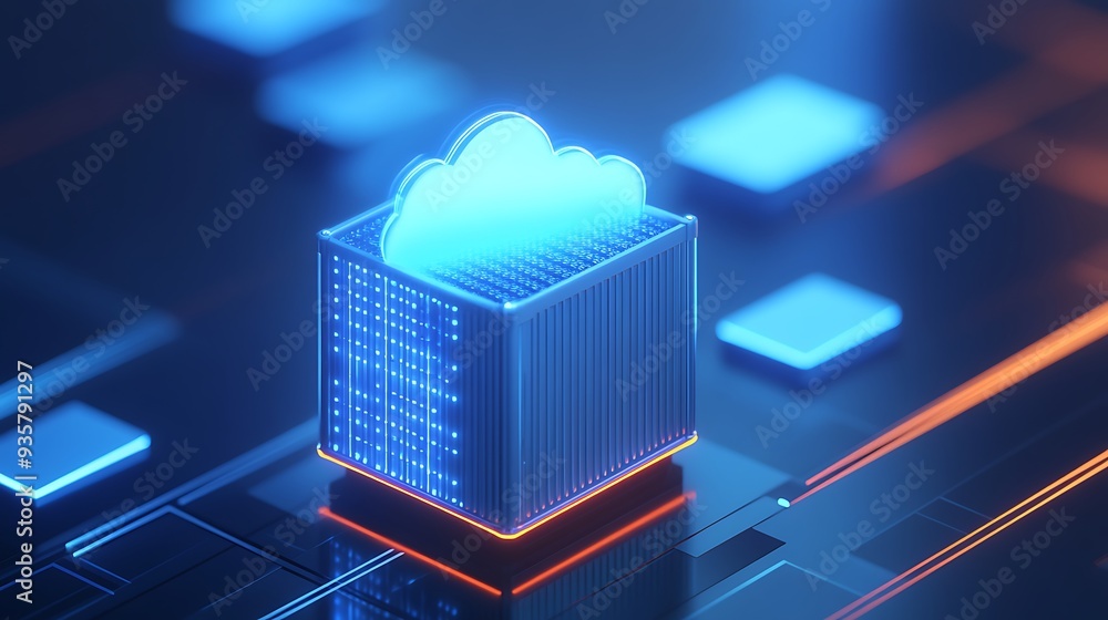 Poster futuristic cloud storage concept with 3d rendering, depicting digital data and technology in a moder