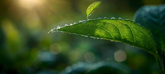 A macro shot of a leaf with a 3D holographic object hovering just above, illuminated by soft sunlight