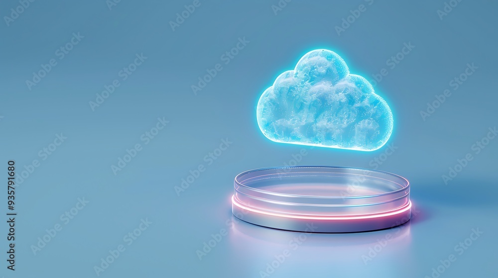 Poster futuristic cloud technology concept, glowing abstract cloud hovering above a transparent platform in