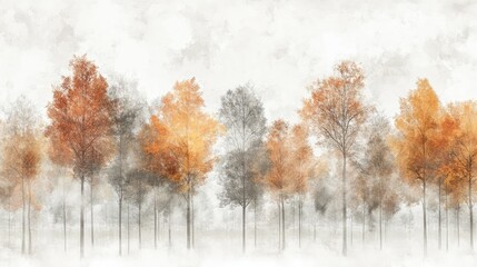 Soft colored, autumn background in gray autumn tones forest tree line elegant shades on white background. The generation of AI