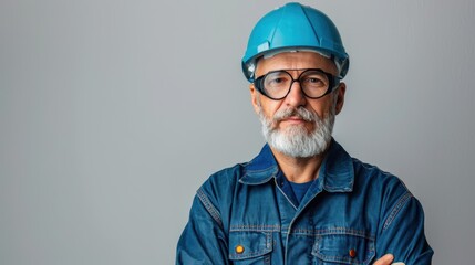 A man in a blue jacket and a blue helmet is standing in front of a gray wall