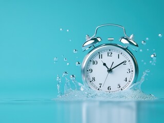 A silver alarm clock splashes in vibrant turquoise water at midday, capturing time in motion