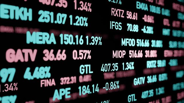Close up stock ticker with prices and percentage changes. Business, research, trading, market data. Abstract stock market and exchange concept. 3D animation