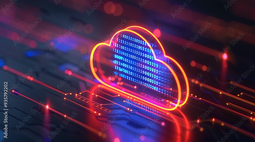 Poster futuristic cloud technology visualization with neon lights and data flow, representing digital stora