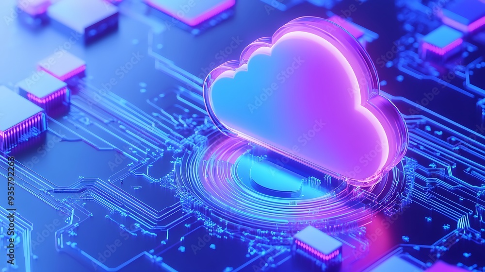 Poster futuristic concept of cloud computing. neon cloud icon on a digital circuit board. technology and in