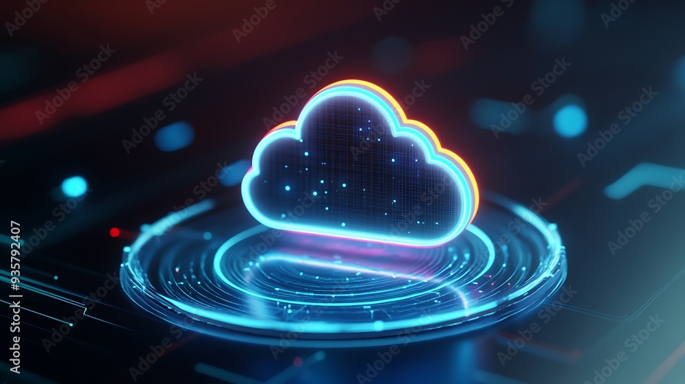 Aufkleber futuristic concept of cloud computing. digital cloud hologram with neon lights on a dark tech backgr