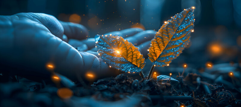 A macro shot of a leaf with a 3D holographic object hovering just above, illuminated by soft sunlight