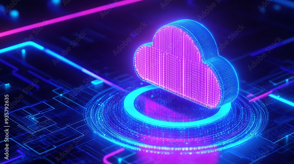 Poster futuristic concept of cloud computing with neon lights, showcasing the digital transformation of dat