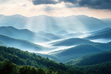 Fototapeta premium Panoramic View Of Smoky Mountain Ridges With Fog And Light-rays with generative ai