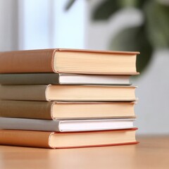 Stacked books in soft hues resting on a wooden table beside a window on a sunny day