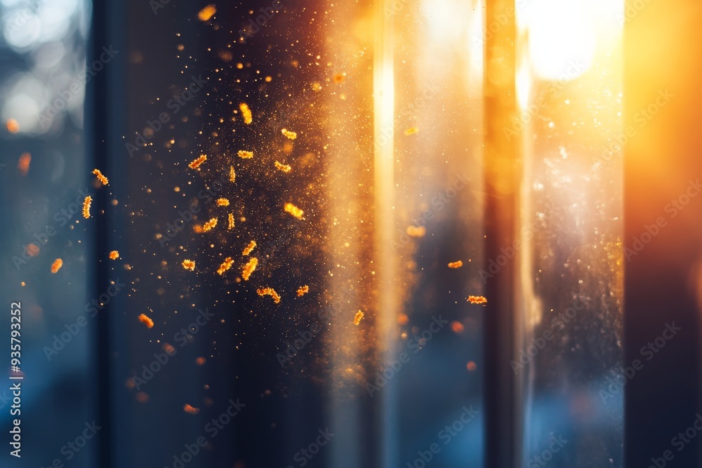 Poster Sunlit dust particles float through the air in a beautifully captured scene, with warm light streaming in from the window, creating an ethereal and peaceful moment.