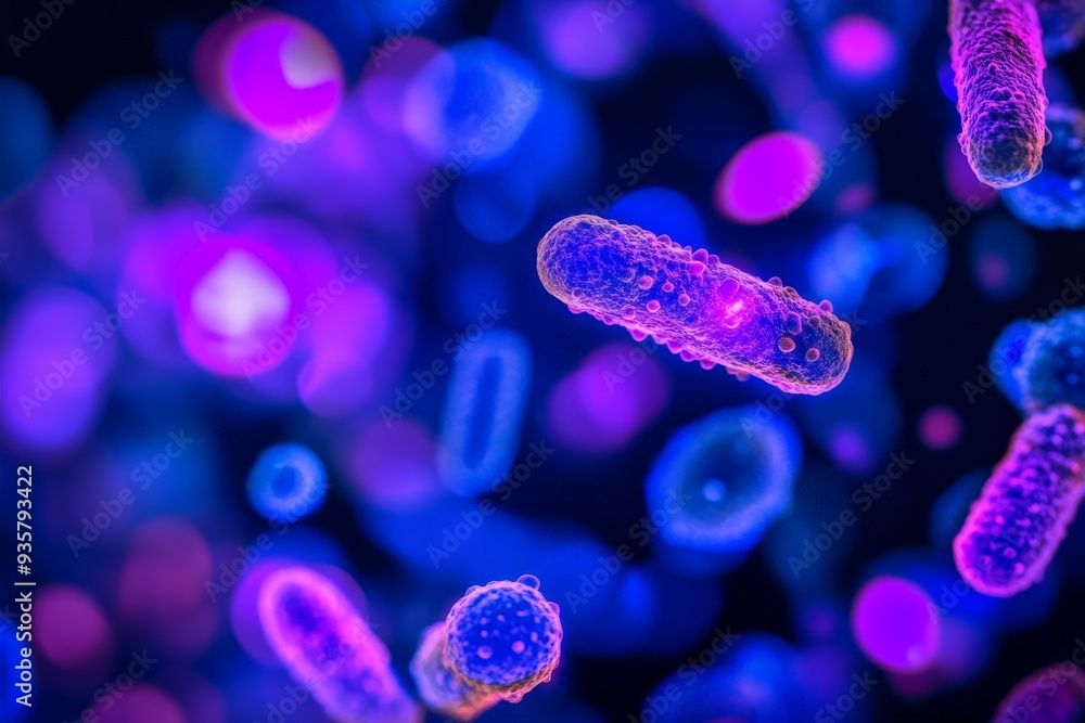 Poster bacteria captured under a microscope with illuminated details in blue and purple, showing rod-shaped