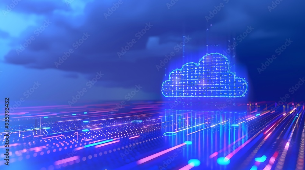 Poster futuristic digital cloud computing concept with glowing blue network connections, representing data 