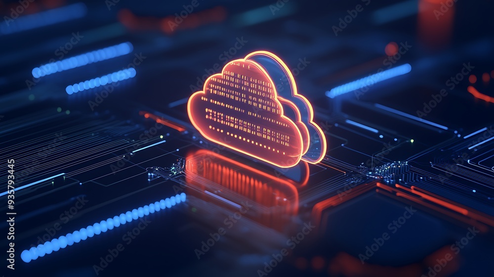 Poster Futuristic digital cloud computing concept with glowing circuit board and cloud icon representing data storage and technology.