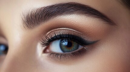Obraz premium A woman showcases her beautifully made-up eye featuring subtle eyeshadow, defined eyeliner, and perfectly groomed eyebrows.
