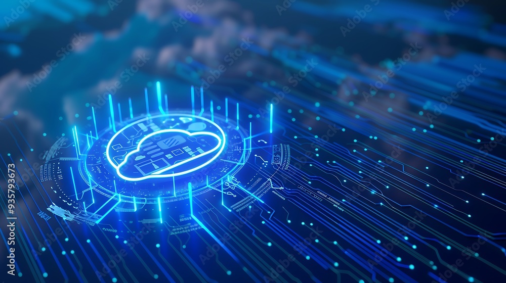 Poster futuristic digital cloud computing concept with glowing data transfer beams and a virtual cloud icon