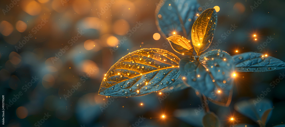 Wall mural A macro shot of a leaf with a 3D holographic object hovering just above, illuminated by soft sunlight
