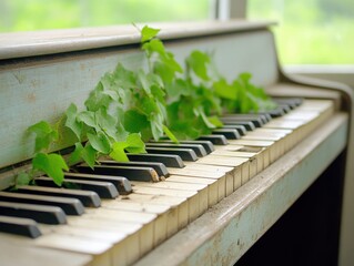 Nature reclaims an old piano adorned with vibrant green ivy in a sunlit room