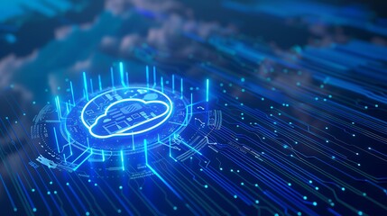 Futuristic digital cloud computing concept with glowing data transfer beams and a virtual cloud icon, representing technology and innovation.