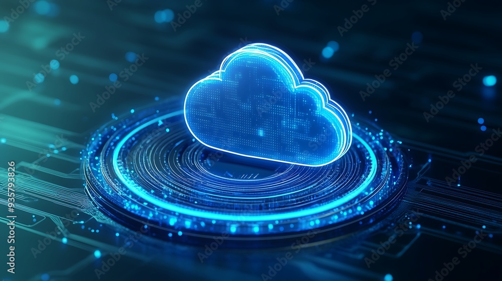Poster futuristic digital cloud computing concept with glowing virtual cloud and circuits, representing clo