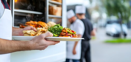 Naklejka premium A food truck with a server handing out freshly prepared street food to eager customers