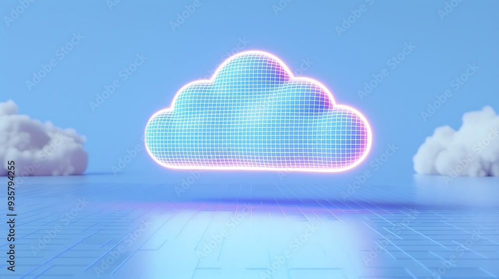 Poster futuristic digital cloud computing concept with neon lights floating in a blue digital landscape. id
