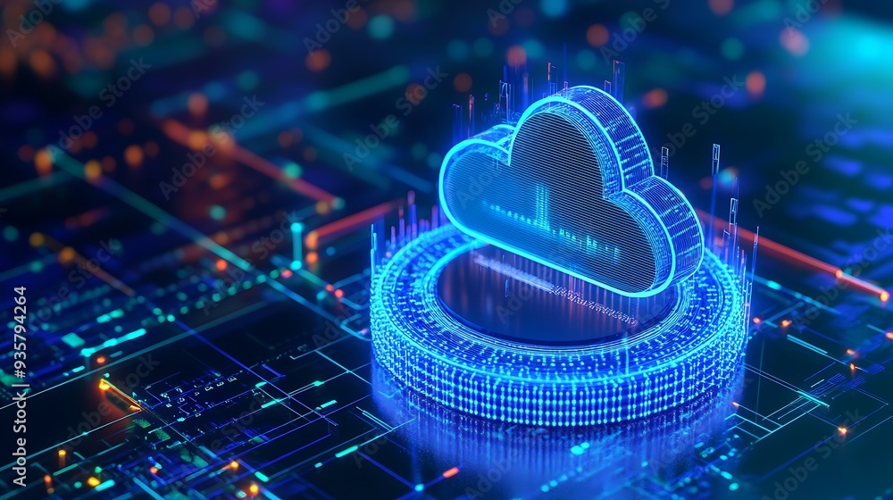 Poster futuristic digital cloud computing concept with neon lights, showcasing advanced technology and data