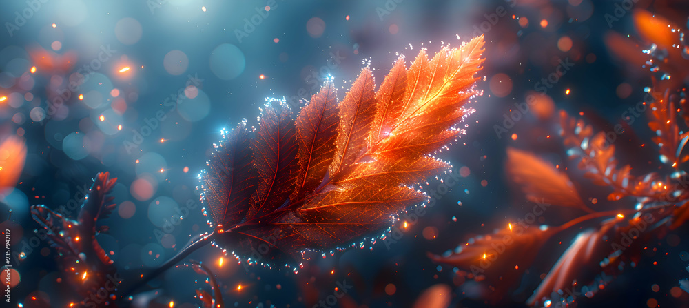Wall mural A macro shot of a leaf with a 3D holographic object hovering just above, illuminated by soft sunlight