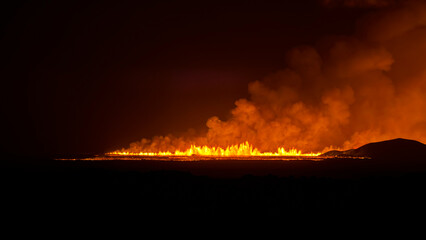 Grindavik, Iceland, August 22, 2024. 30 km from the capital Reykjavik, a volcano began to erupt. A new volcanic eruption in Iceland, a 4 km split in the earths crust, tongues of fresh lava. © Maria