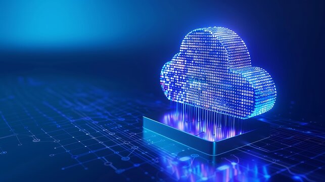 Futuristic digital cloud computing concept with neon lights, representing data storage and technology advancements in a virtual environment.