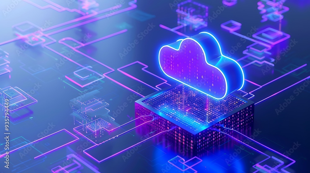 Poster futuristic digital cloud computing illustration with neon lights and data network connections on a d