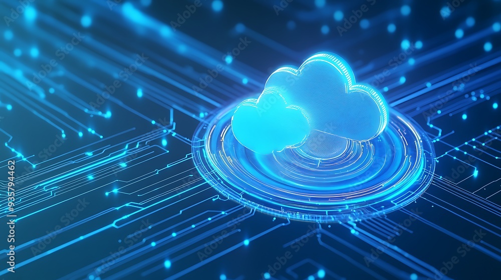 Poster futuristic digital cloud computing network, representing technology, data storage, and modern intern